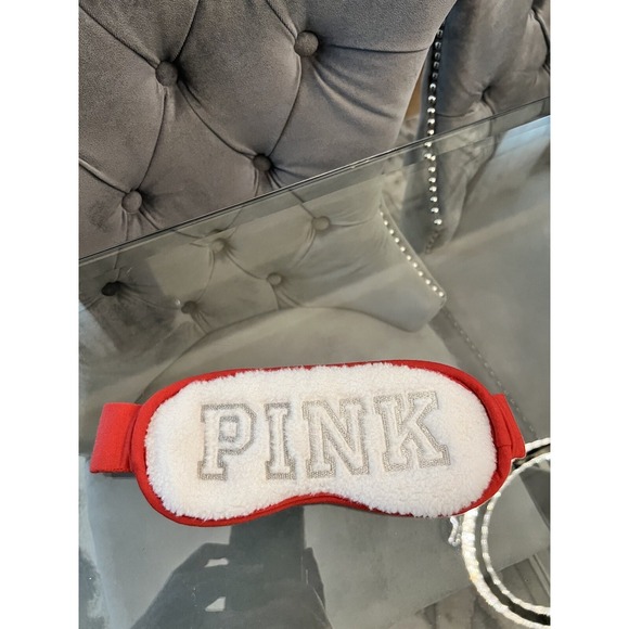 Victoria's Secret PINK Sleep Eye Mask Red Plush Sherpa Lined Embroidered - Picture 1 of 9